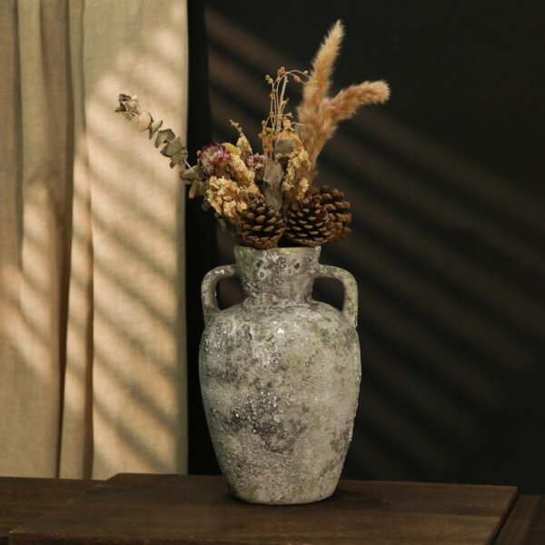 Rustic Charm: Double-Handled Weathered Ceramic Vase